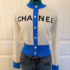 Chanel White and Blue Cashmere Cardigan - NWT
